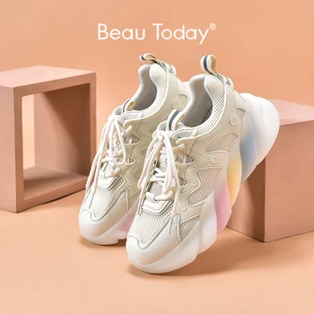 BeauToday Tıknaz Ayakkabı Kadın Mikrofiber Deri Örgü Yuvarlak Ayak platform ayakkabılar Bayanlar Gökkuşağı Kalın Taban Ayakkabı El Yapımı 29629