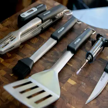 Kılıflı altı Parçalı barbekü aleti Seti-Spatula, Termometre, Bıçak, Enjektör, Fırça ve Maşa