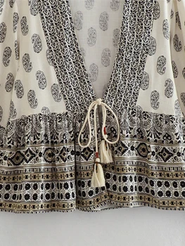 Kadın Baskı Uzun Kollu Dantel Up Hırka Gevşek Bohemian Vintage Patchwork Derin V Yaka T-shirt Yaz Püskül günlük kıyafetler