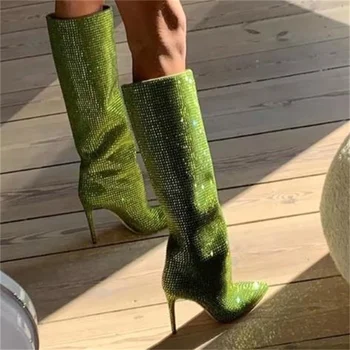 Kristal Ayakkabı Kadınlar için Yeşil İnce Yüksek Topuklu Sivri Burun Bayanlar Elmas Uzun Diz Çizmeler Chassure Femme Taklidi Kadın Botas