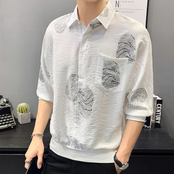Streetwear Moda Rahat Gevşek T-Shirt Kazaklar Turn-aşağı Yaka Baskı Yakışıklı Ofis Üç Çeyrek Kollu erkek Giyim