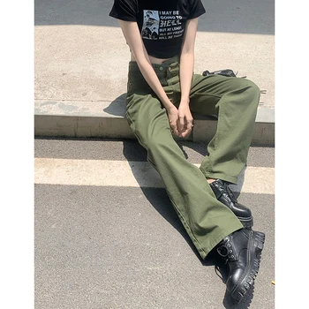 Askeri yeşil Kargo pantolon kadın gevşek tayt Avrupa ve Amerika hiptop dökümlü pantolon Yüksek sokak ıns Düzenli geniş bacak rahat p