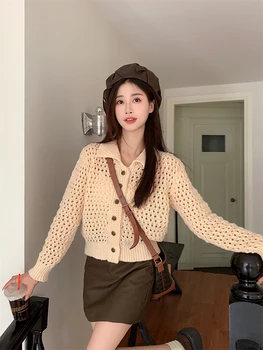 Kore Tarzı kadın Örme Hırka Katı Turn Down Yaka Tek Göğüslü Hollow Kazak Ceket Bayan Sonbahar Banliyö Giyim