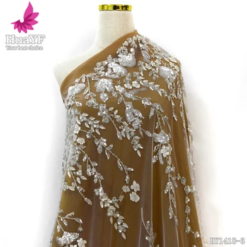 1 Yard Beyaz Tül Nakış Boncuklu Çiçek Şekli payetli dantel düğün elbisesi Kumaş HY1418-3
