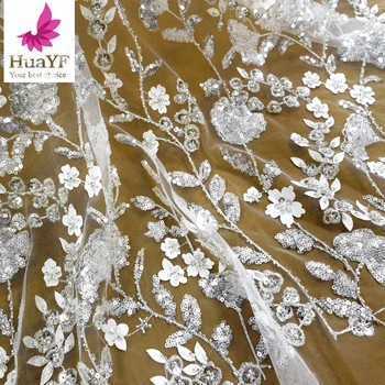 1 Yard Beyaz Tül Nakış Boncuklu Çiçek Şekli payetli dantel düğün elbisesi Kumaş HY1418-3