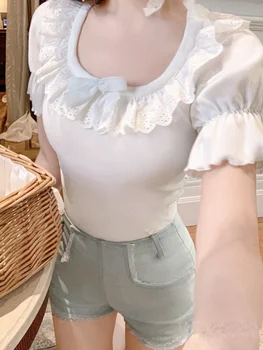 Dantel İnce T-Shirt Kadın Lolita Kawaii Mavi Beyaz Japon Tatlı Sevimli Bluz Kadın Puf Kollu Kore Tarzı Giysiler