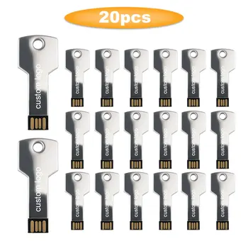 20 adet / grup Ücretsiz Logo Metal USB 2.0 Anahtar Şekli Kalem Sürücü Flash Sürücü Memoria Usb Pendrive 64 GB 32 GB 16 GB 8 GB 4 GB U Disk Hediye için