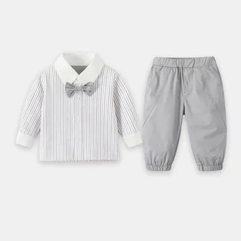2023 İlkbahar Sonbahar Bebek Erkek 2 adet Giysi Set Pamuk Çizgili Uzun Kollu Gömlek Elastik Bant Pantolon Takım Elbise Yürümeye Başlayan Çocuk Kıyafetler
