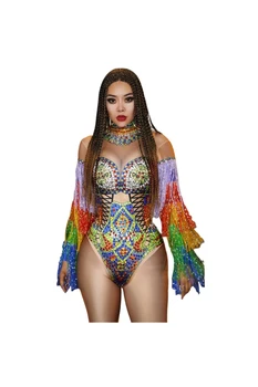 Kristaller Saçak Leotard Sahne Giyim Çok renkli Rhinestones Püskül Kollu Bodysuit Kadın Şarkıcı Bar Seksi dans kostümü Kulübü Parti