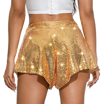 Bayan Yüksek Bel Şort Kutup Dans için Parlak Sequins Yüksek Bel Rave Parti Şort Glittery Kutup Dans Sıcak pantolon Clubwear