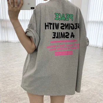 Basit Tüm Maç T-shirt Gevşek Mektuplar Baskılı O Boyun kadın elbisesi Üstleri 2023 Yaz Kore Şık Kısa Kollu Casual Kadın Tee