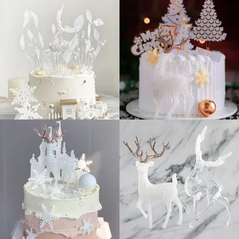 Doğum günü Pastası Dekorasyon Noel Şeffaf Glitter Beyaz Elk Süs Parti Tatlı Pişirme Sahne Güzel Pasta Süsler