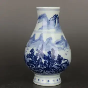 Çin Mavi ve Beyaz Porselen Qing Qianlong Manzara Desen Vazo 4.30 inç