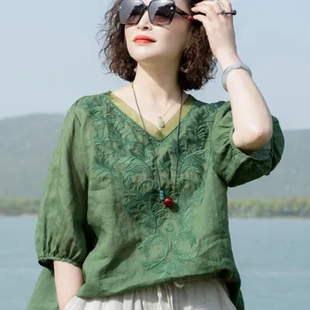 2023 Yaz Sanat Tarzı Kadın Kısa Kollu Gevşek V Yaka T-shirt Vintage Nakış Çiçek Pamuk Keten Tee Gömlek Femme Tops C962