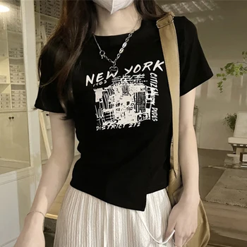Kadın Kırpılmış T-shirt Yaz Düzensiz Şık Kısa Kollu Üstleri Streetwear Moda Kırpma Üst