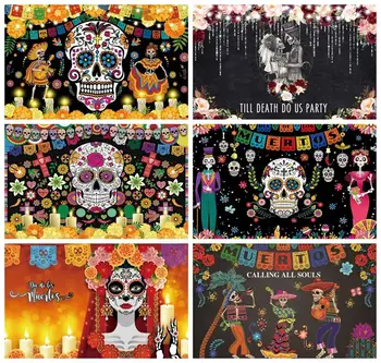 Laeacco Ölü Dia DE Los Muertos Zemin Meksika Şeker Kafatası Çiçek Elbise Fiesta Portre Fotoğrafçılığı Arka Plan