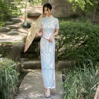 2023 geleneksel çin vintage elbise geliştirilmiş qipao bayanlar akşam elbise ulusal kadife pullu cheongsam ziyafet parti elbise