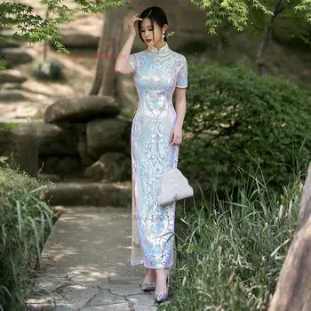 2023 geleneksel çin vintage elbise geliştirilmiş qipao bayanlar akşam elbise ulusal kadife pullu cheongsam ziyafet parti elbise