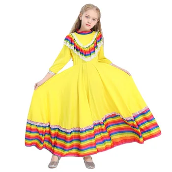 Küçük Kızlar Meksika Elbise Doğum Günü Partisi Cadılar Bayramı Cosplay Kostüm Çocuklar Çocuk Meksika Büyük Daire Uzun Çingene Flamenko Dans Elbise