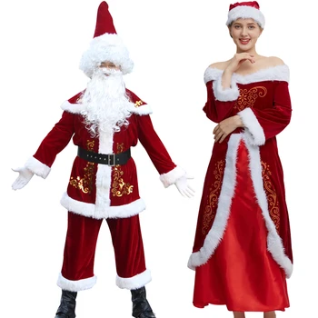 Noel Noel Baba Noel Kostümleri Kırmızı Deluxe Kadife Fantezi Yetişkin Takım Elbise Festivali Kutlama Takım Elbise Parti