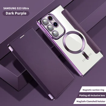 Flip Deri Samsung Galaxy S23 S22 Ultra Artı Kılıf Mıknatıs Magsafe için Kablosuz Şarj Kapak Standı Kart Yuvası Kabuk Lens Filmi