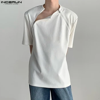 INCERUN Erkekler T Gömlek Katı Fermuar O-boyun Kısa Kollu Kore Tarzı Erkek Tee Üstleri Streetwear Yaz 2023 Casual Erkek Giyim S-5XL