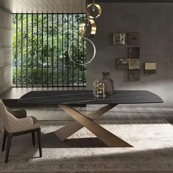 Italyan yaratıcı özel ev yemek masası seti küçük daire Modern Minimalist ışık lüks kaya kurulu dikdörtgen masa