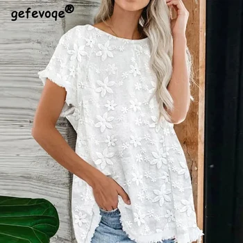 Kadınlar Vintage Giyim Dantel Nakış Beyaz Pamuklu T Shirt Yaz Casual Streetwear Tees Şık Kısa Kollu Gevşek Tunik Üstleri