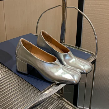 Kore Lüks Gümüş Parlak Bling Pompaları Vintae Kare Ayak Metal Katı İnek Derisi Kalın Topuk Ayakkabı Elbise üzerinde Kayma Parti Zapatos Mujer