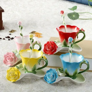 Seramik Fincan Emaye Gül Kabartmalı Çiçek Şakayık Çiçek Kupa Çiçek Kahve Fincanı Çin Çanak Kırmızı Gül Bardak Düğün doğum günü hediyesi
