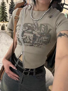 Punk Tarzı Kısa Kollu O-Boyun T-shirt Y2k Kırpma Üstleri Goth Fermuar Slim Fit Amerikan Vintage Üstleri Kadın Giyim