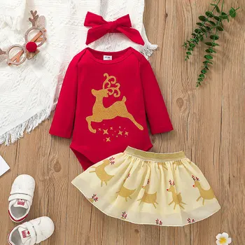2024 İlk Noel Bebek Kız Kıyafetler Yenidoğan Bebek Altın Noel Elk Romper Kısa Etek Kafa Bandı Noel Giysileri Seti 2023