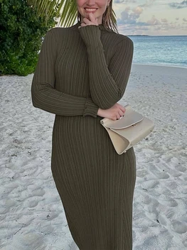 Kadın Sonbahar Elbise Rahat Düz Renk Marul Trim uzun kollu parti uzun elbise Plaj Kokteyl Kulübü Streetwear