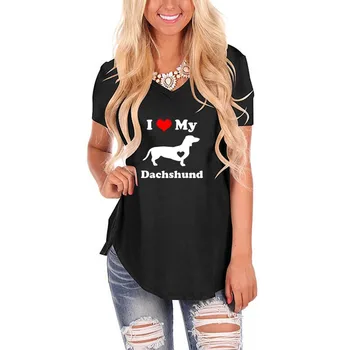 I Love my Dachshund Köpek Kalp Mektubu Baskı Kadın bol tişört V Boyun Gömlek Kadın Femme Yaz Hayvan Sevgilisi Hediye Rahat Üst