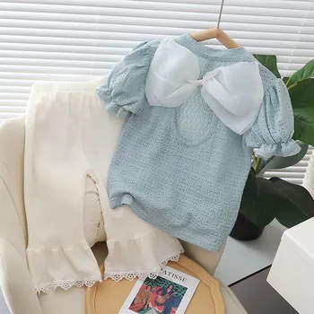 Moda prenses 2 Adet Yaz Bebek Kız Giysileri Toddler Kısa Kollu Takım Elbise Şort Tee Setleri Çocuk sevimli yay T Shirt takım elbise