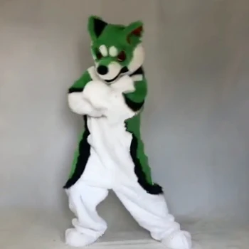 Fursuit Kurt Yeşil Uzun Kürk Kürklü Kostüm Husky Köpek Tilki Maskot Kostüm Cosplay Parti Fursuit Cadılar Bayramı Takım Elbise Yetişkin Boyutu