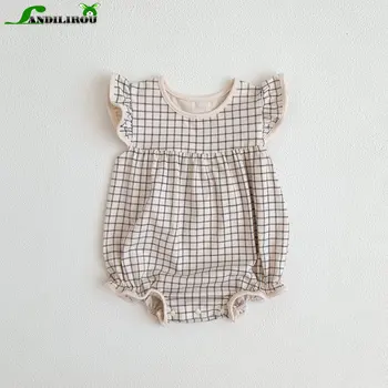 Bebek Çocuk Kız Sinek Kollu Ekose Dış Giyim Kıyafetler Yenidoğan Bebek Pamuk Giyim Rahat Bodysuits Tulumlar Yaz AYLARINDA 2023 YENİ