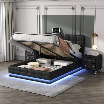 3-Pieces yatak odası takımları, kraliçe döşemeli yatak ile LED ışıkları, iki komodinler ile kristal dekorasyon, yatak odası için, siyah