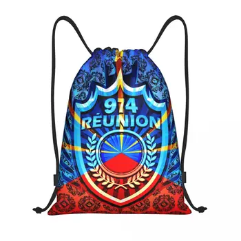 Özel 974 Reunion büzgülü sırt çantası Çanta Kadın Erkek Hafif Mavi arması Spor Salonu Spor Sackpack Çuval Eğitim için