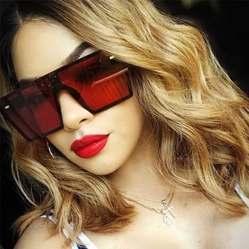 Büyük boy Kare Güneş Kadınlar 2021 Lüks Marka Moda Düz Üst Kırmızı Siyah Şeffaf Lens Tek Parça Erkekler Gafas Gölge Ayna UV400