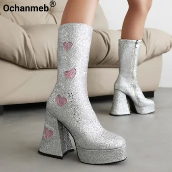 Ochanmeb Kadınlar Gümüş Sequins Çizmeler Pembe Kalp Tıknaz Blok Yüksek Topuklu Orta Buzağı Goth Çizmeler Glitter Platformu Fermuar Bayan Ayakkabıları 43
