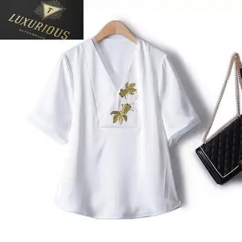 Kadın Gömlek Yaz 2024 Yeni Moda İşlemeli Çiçekler Etnik V Yaka Saten Örtü İnce Kawaii Giysileri Büyük Boy T Shirt