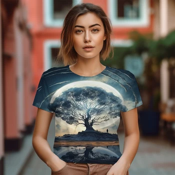 Yaz kadın Moda Yuvarlak Boyun T-shirt Yeni 3D Ay Baskı Desen T-shirt Sokak Eğlence Süper Bayan T-shirt
