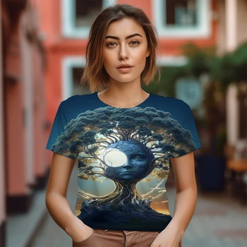 Yaz kadın Moda Yuvarlak Boyun T-shirt Yeni 3D Ay Baskı Desen T-shirt Sokak Eğlence Süper Bayan T-shirt