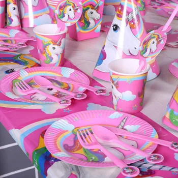 Unicorn Parti Malzemeleri Çocuklar Doğum Günü Dekorasyon Tek Kullanımlık Sofra Seti Kağıt Tabaklar Fincan Saman Afiş Bebek Duş Kız Dekor