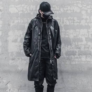 Techwear Punk Ceket Erkek Hip Hop Streetwear Boy Gevşek Uzun Dış Giyim PU Patchwork Sahte İki Rüzgarlık Fransız Palto