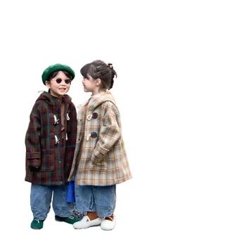 Çocuk Giysileri 2023 Sonbahar Kış Yeni Erkek ve Kız Moda Yün Ekose kapüşonlu ceket Çocuklar Rahat Polar Yün Karışımları Palto