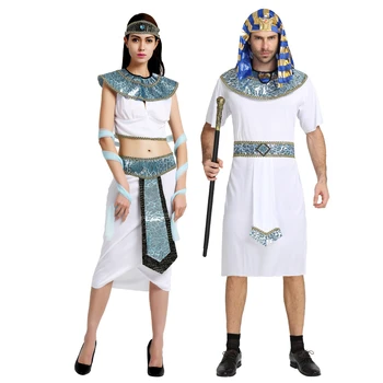 Kadın erkek Antik Mısır Kral Firavun Kostüm Beyaz ve Mavi Elbise Cadılar Bayramı Cosplay Kostüm