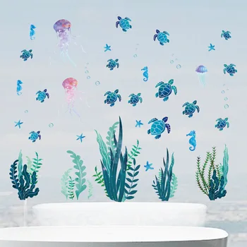 Duvar çıkartmaları Sualtı Dünyası Deniz Hayvan Kaplumbağa Su Bitkileri Kendinden pvc yapıştırıcısı Ev Dekor Küvet Oturma Odası Yatak Odası