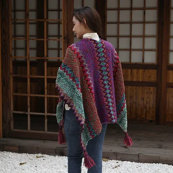Kadın Kış Panço Eşarp Örme Ceket Kalın Sıcak Battaniye Şal Bufandas Kadın Geometrik Bohemian Pelerin Moda 2023